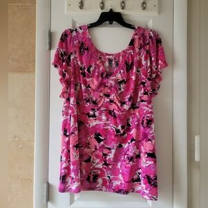 Lane Bryant Short Sleeve Top Womens 22-24 (3X) V Neck Empire Waist Pink Artsy